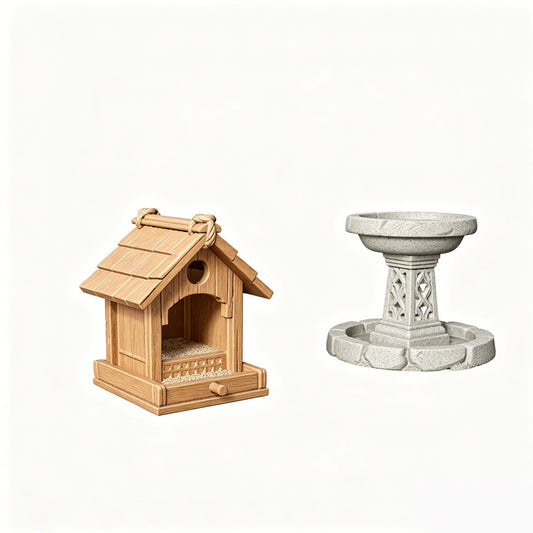 MRY-SFW LYTS607 3D Printed Unpainted White Resin, Farm Bird Feeder & Bird Bath 2-Piece Set, Miniature Garden Diorama Decor