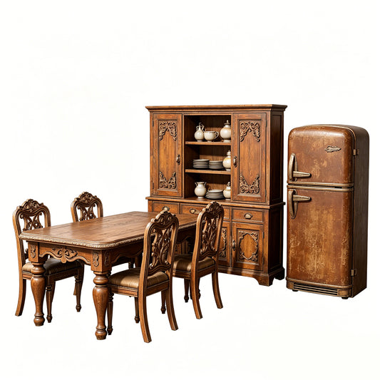 MRY-SFW LYTS627 3D Printed Retro American Dining Room Furniture Set, Unpainted White Model, Miniature Kitchen Scene Ornaments