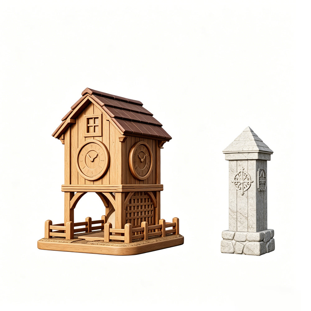 MRY-SFW LYTS608 Unpainted 3D Printed Farmhouse Decor, Clock Tower & Ranch Post Set, Dollhouse Landscape Ornaments