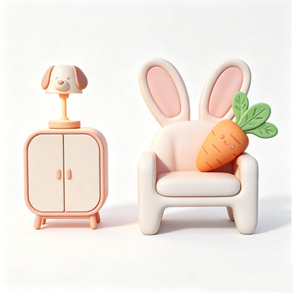 MRY-SFW LYTS640 3D Printed Cute Rabbit & Carrot Style Furniture Set, Unpainted White Model, Miniature Scene Ornaments