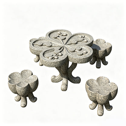 MRY-SFW LYTS545 3D Printed Chinese Clover Pattern Stone Table & Stool Set, Unpainted White Resin, Miniature Dollhouse Diorama Accessories
