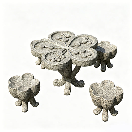 MRY-SFW LYTS545 3D Printed Chinese Clover Pattern Stone Table & Stool Set, Unpainted White Resin, Miniature Dollhouse Diorama Accessories
