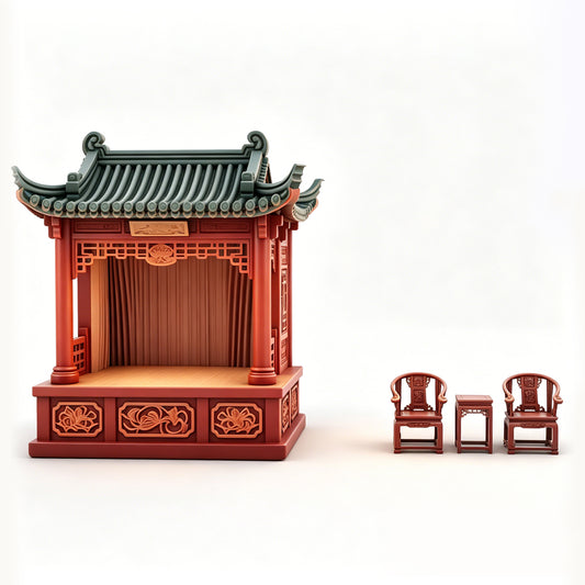 MRY-SFW LYTS532 3D Printed Chinese Ancient Stage & Chair Set, Unpainted White Resin, Miniature Diorama Dollhouse Accessories