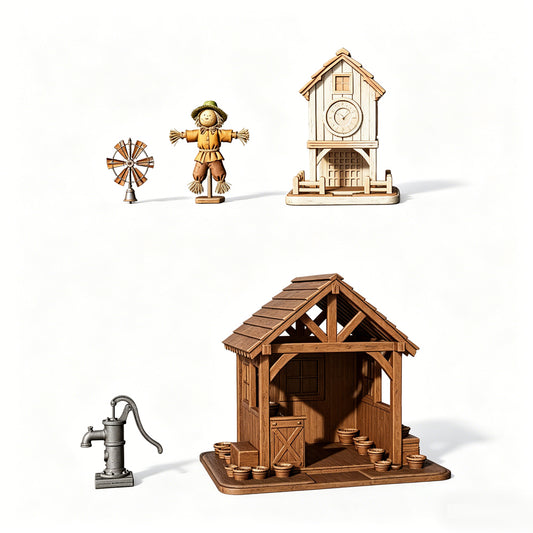 MRY-SFW LYTS606 Unpainted 3D Printed Rustic Farm Set, Miniature Dollhouse Diorama Decor