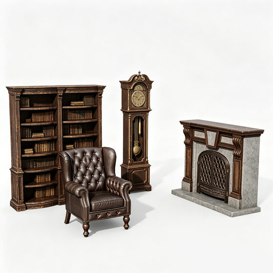 MRY-SFW LYTS623 3D Printed Unpainted White Resin, British Vintage Study Room Furniture Set, Miniature Living Room Scene Ornaments