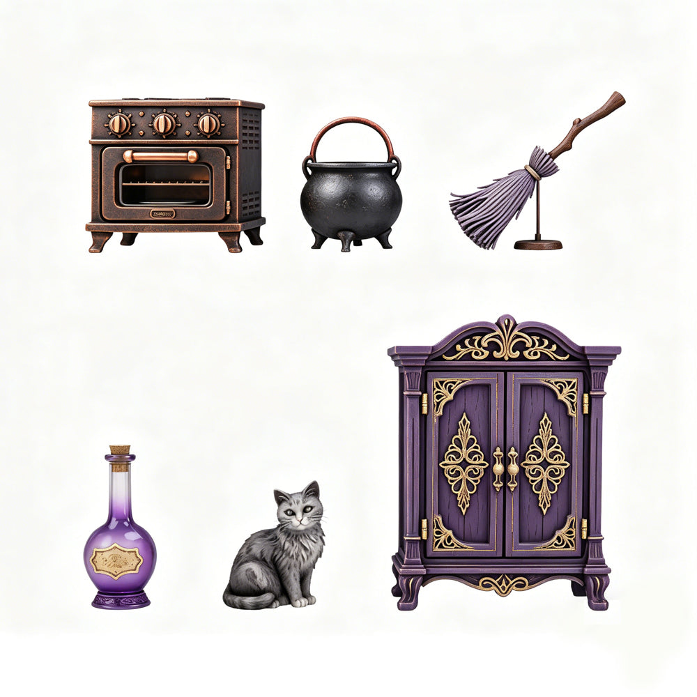 MRY-SFW LYTS679 3D Printed Witch Magic Kitchen Scene Set, Unpainted White Model, Fantasy Miniature Diorama