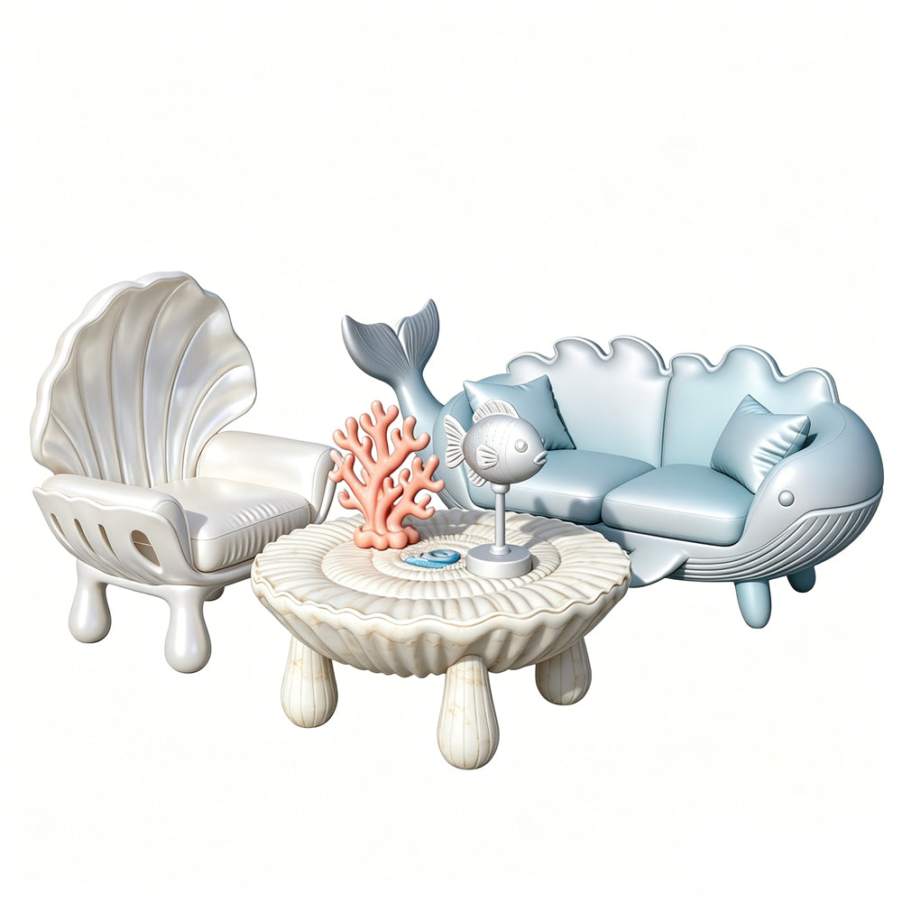 MRY-SFW LYTS649 3D Printed Ocean Themed Seashell Coral Furniture Set, Unpainted White Model, Miniature Scene Ornaments