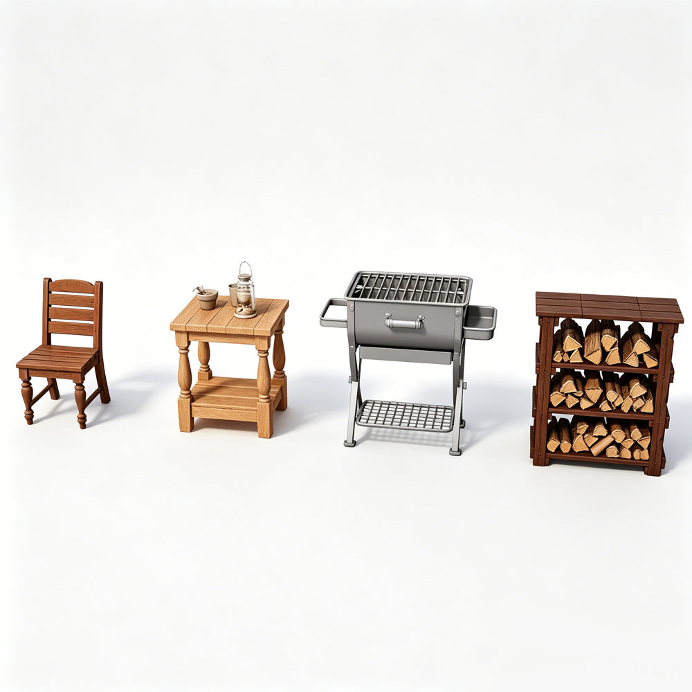 MRY-SFW LYTS618 Unpainted 3D Printed Farmhouse BBQ Furniture Set, Dollhouse Patio Accessories