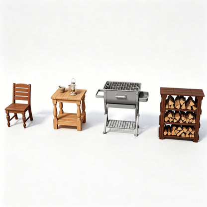 MRY-SFW LYTS618 Unpainted 3D Printed Farmhouse BBQ Furniture Set, Dollhouse Patio Accessories