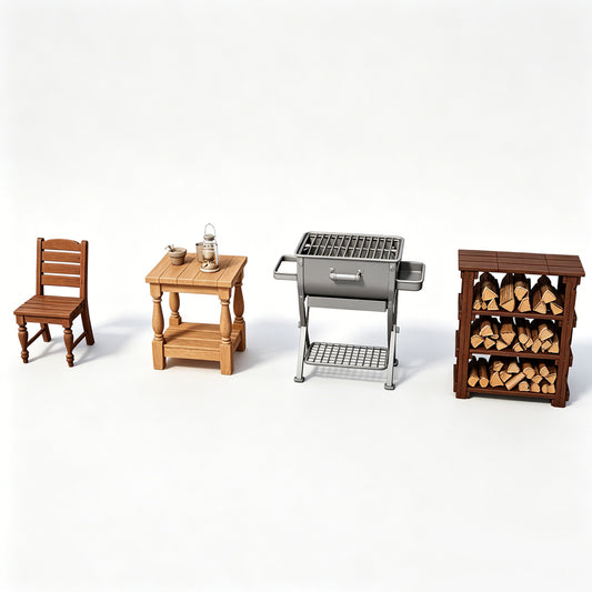 MRY-SFW LYTS618 Unpainted 3D Printed Farmhouse BBQ Furniture Set, Dollhouse Patio Accessories