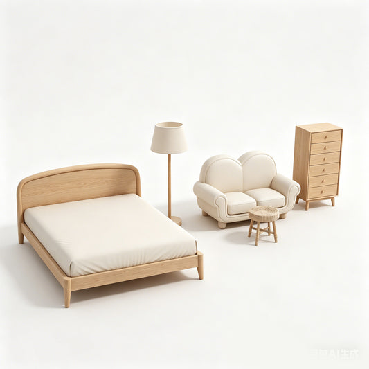 MRY-SFW LYTS557 3D Printed Nordic Wood Style Bedroom Furniture Set, Unpainted White Resin, Miniature Dollhouse Diorama Accessories