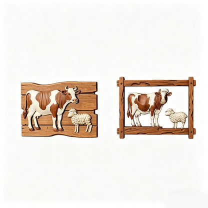 MRY-SFW LYTS596 3D Printed Unpainted White Resin Miniature Farm Cow & Sheep Wood Carving Wall Sign for Dollhouse Diorama