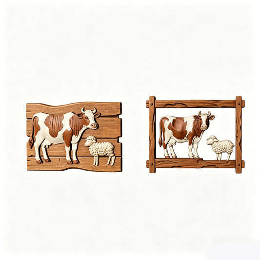 MRY-SFW LYTS596 3D Printed Unpainted White Resin Miniature Farm Cow & Sheep Wood Carving Wall Sign for Dollhouse Diorama