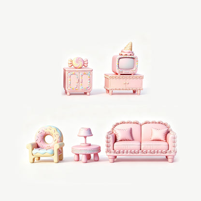 MRY-SFW LYTS642 3D Printed Cute Dessert Themed Furniture Set, Unpainted White Model, Miniature Living Room Scene Ornaments