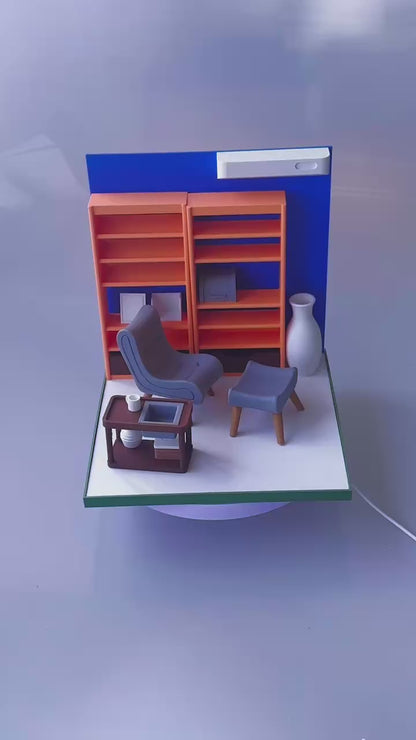 RHF121003 1/12 Resting Corner Framework 3D Printing DIY Miniature Scenes1:12 scale leisure dollhouse miniature recliner, bookshelf, tea table