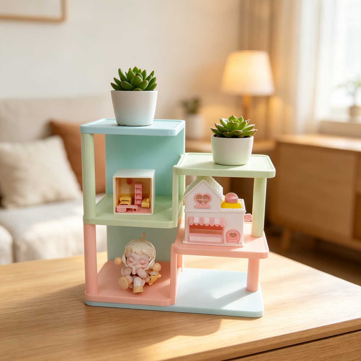 RHF0635 Macaron Multi-Tier Blind Box Display Stand, Desktop Staircase Figure Organizer, Pop Mart Doll Display Shelf