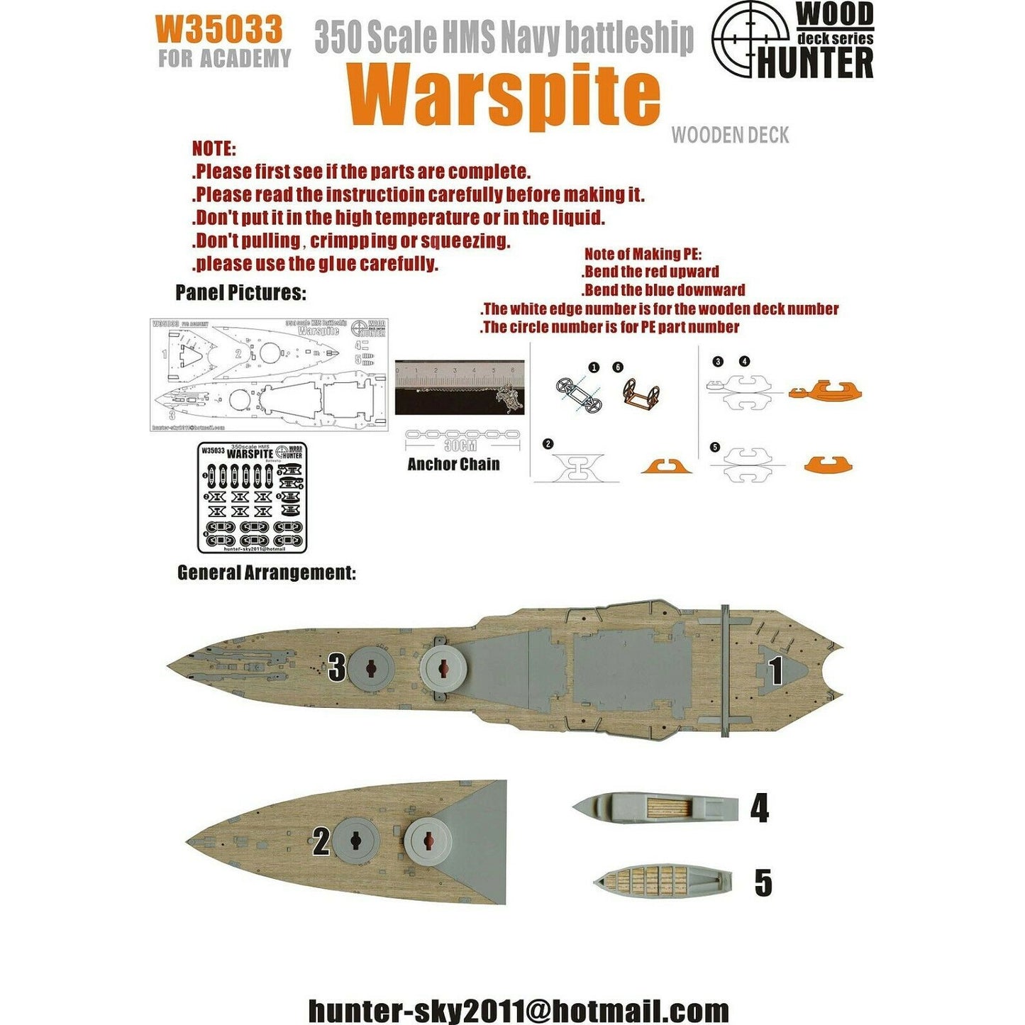 Hunter W35033 1/350 Wood Deck HMS BATTLESHIP WARSPITE FOR ACADEMY 14105