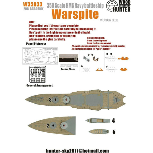 Hunter W35033 1/350 Wood Deck HMS BATTLESHIP WARSPITE FOR ACADEMY 14105